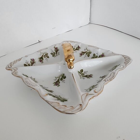Norcrest Vintage Nut Candy Dish Rose Buds Gold Accents Handle 4 Sections - Picture 4 of 12